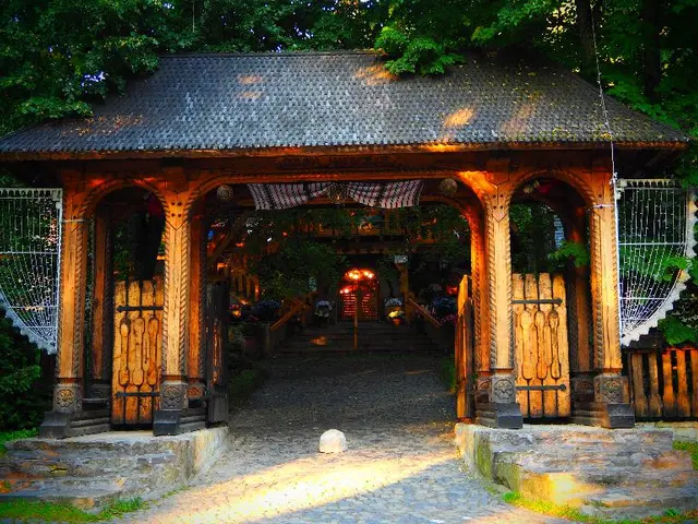 In this image there are trees on the left and right corner. There are pillows with a roof and a...