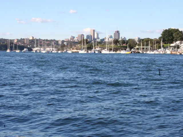 In this image at the bottom, there is water. In the middle there are trees, buildings, sky and...