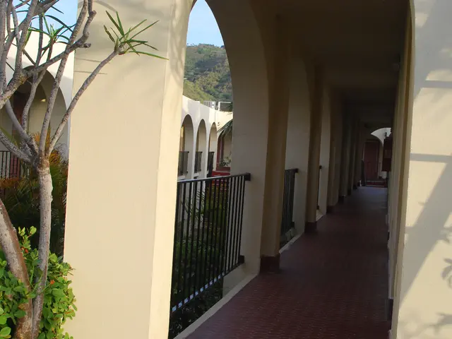 On the left side there is a tree, it is the building, in the veranda in this image.